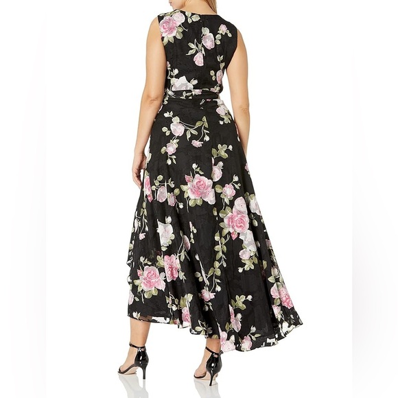 Tahari Black Pink Floral Embossed Wrap Maxi Dress 10 Wedding Guest Formal Event - Picture 2 of 10